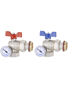 Zawór kulowy kątowy 1” z półśrubunkiem i termometrem do rozdzielacza (2szt)