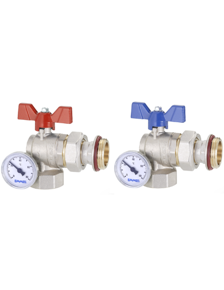 Zawór kulowy kątowy 1” z półśrubunkiem i termometrem do rozdzielacza (2szt)