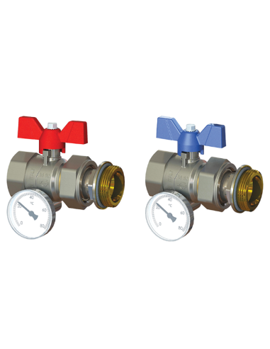 Zawór kulowy prosty 1” z półśrubunkiem i termometrem do rozdzielacza (2szt)